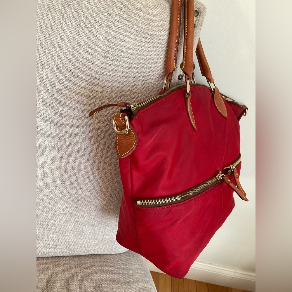 Dooney & Bourke Red Nylon Tote with Brown Leather Trim - Picture 2 of 9